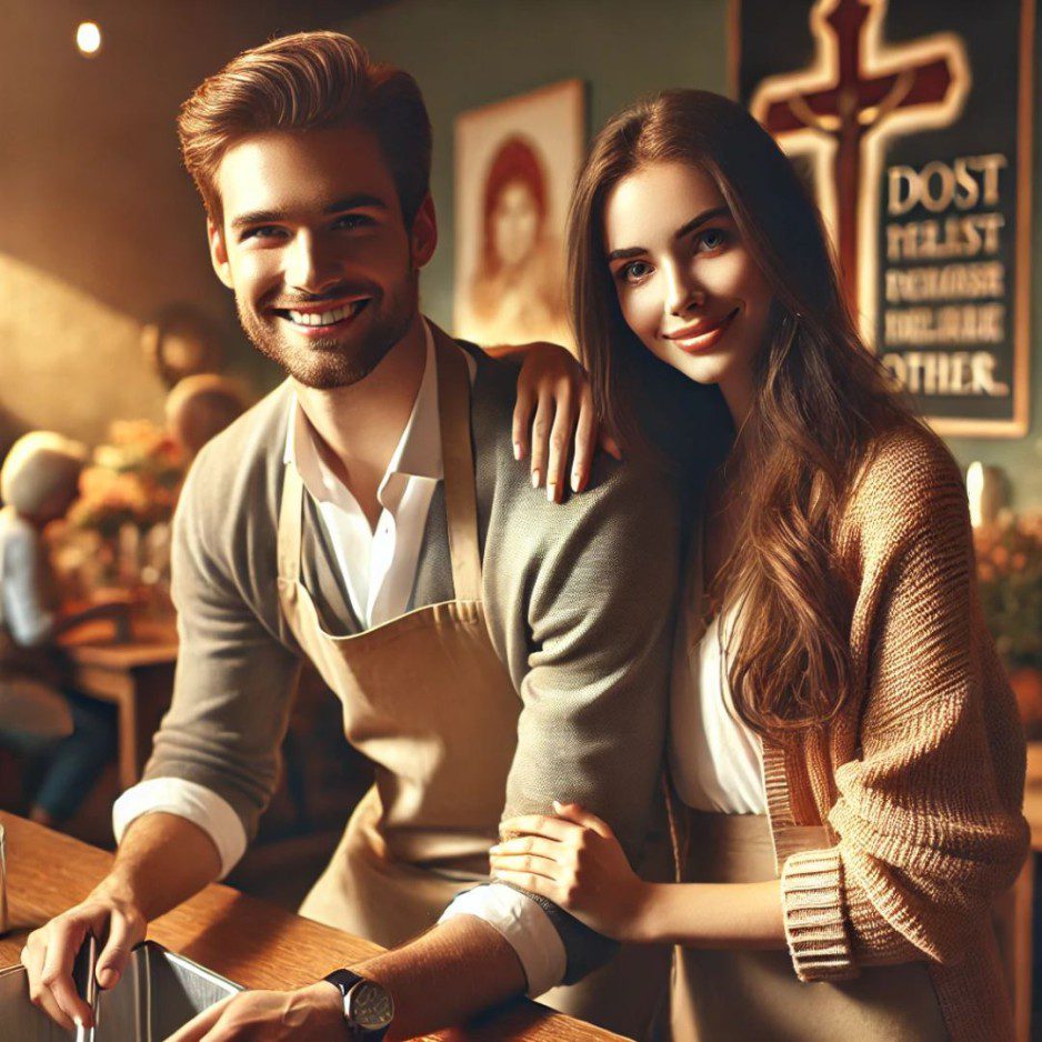 Couple enjoying a faith-filled first date by volunteering together